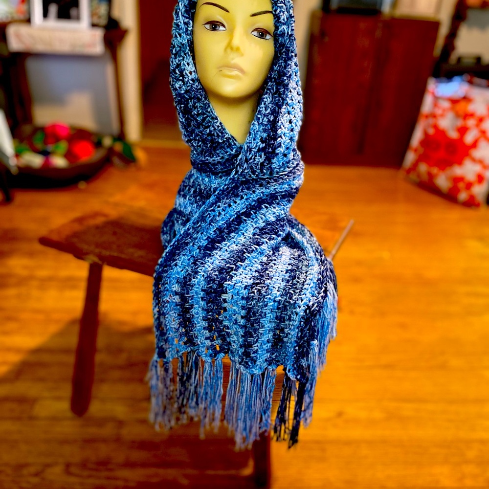 Hand Crochet denim hooded scarf